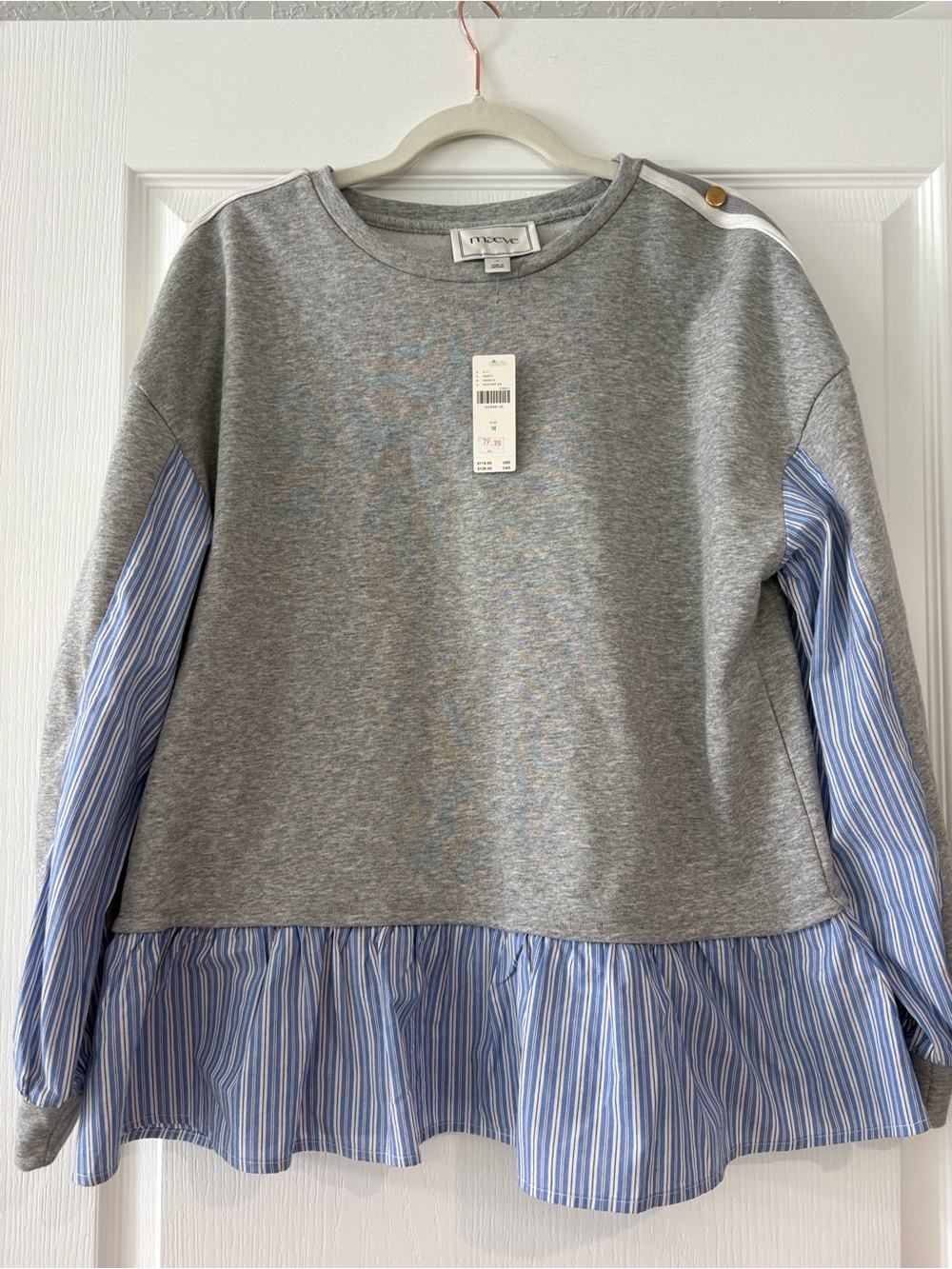 Maeve Grey Pullover with Blue Stripe Ruffle Hem - Picture 2 of 5